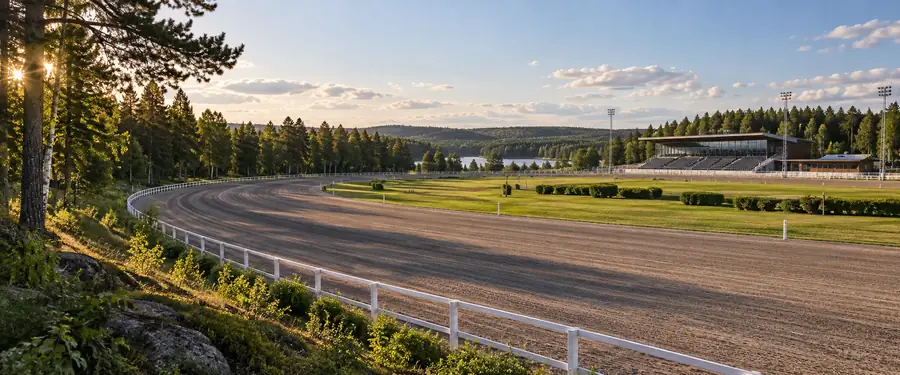 GS75 startlista: travbana med upplopp, innerplan och läktare i kvällssol