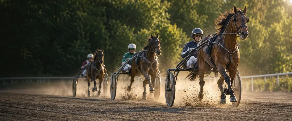 GS75: travhästar med sulky och kusk på väg mot mål i kvällssol